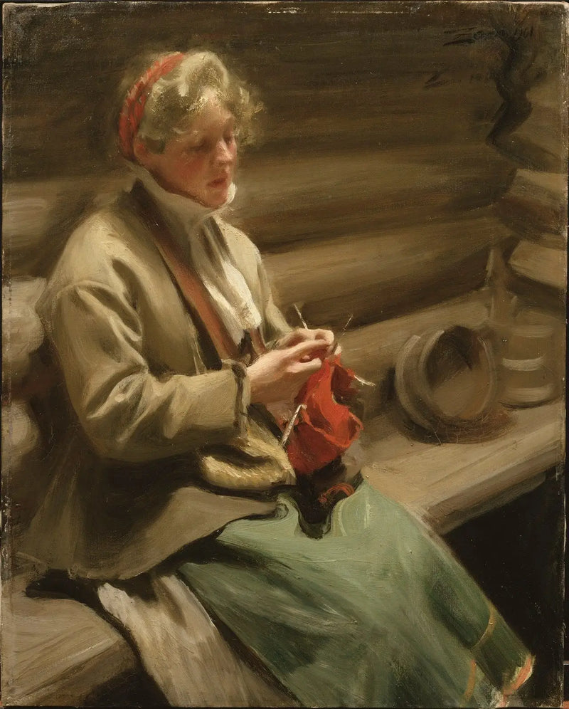 Chica de Dalarna tejiendo. Margit con col - Anders Zorn