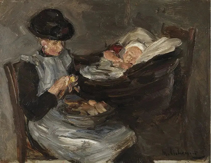 Hija de Laren pelando patatas con un niño dormido en una cesta - Max Liebermann