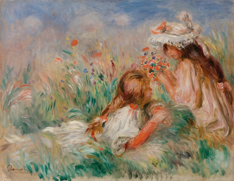 Niña acostada sobre la hierba y joven arreglando un ramo - Pierre-Auguste Renoir