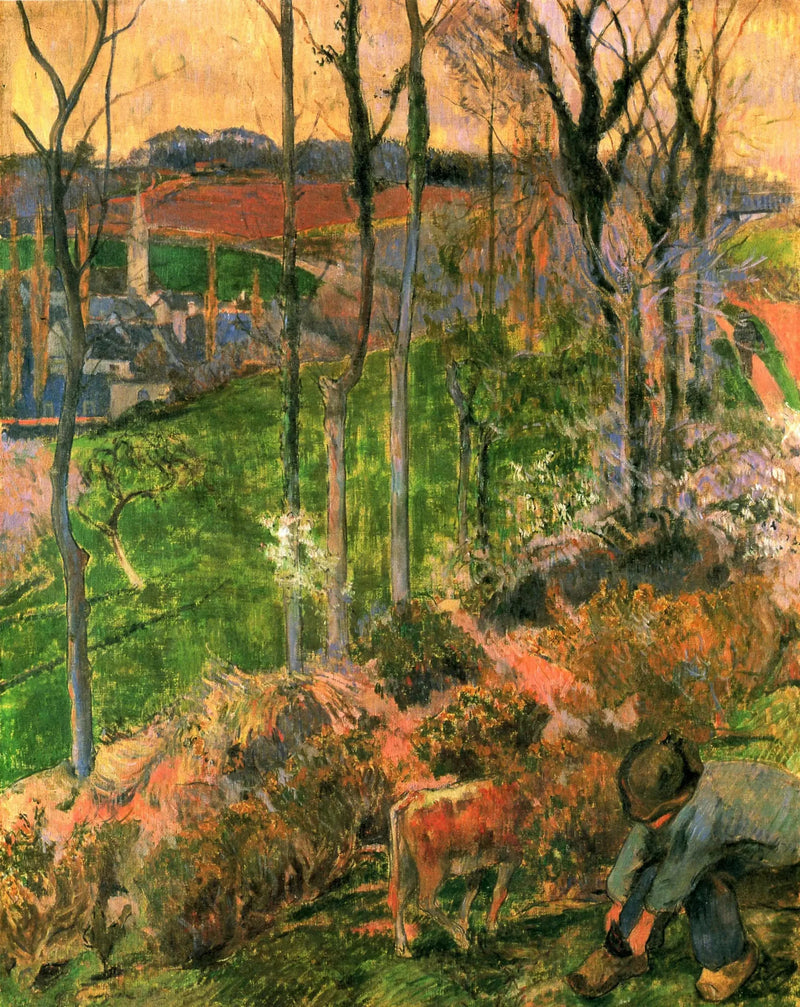 Fin de invierno en Pont-Aven, bretón y ternero; o Pequeño bretón arreglando su zapato - Paul Gauguin