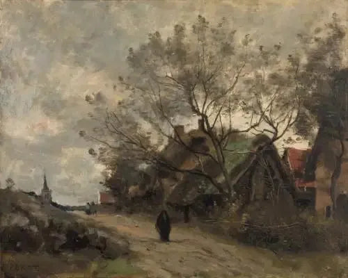 Flesselles. Casas de campo vistas a través de los árboles junto a un camino - Jean-Baptiste Camille Corot