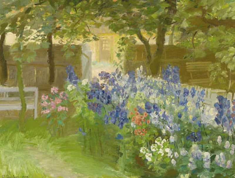 Flores en el jardín Bründum, vista hacia Rullestuen. - Anna Ancher