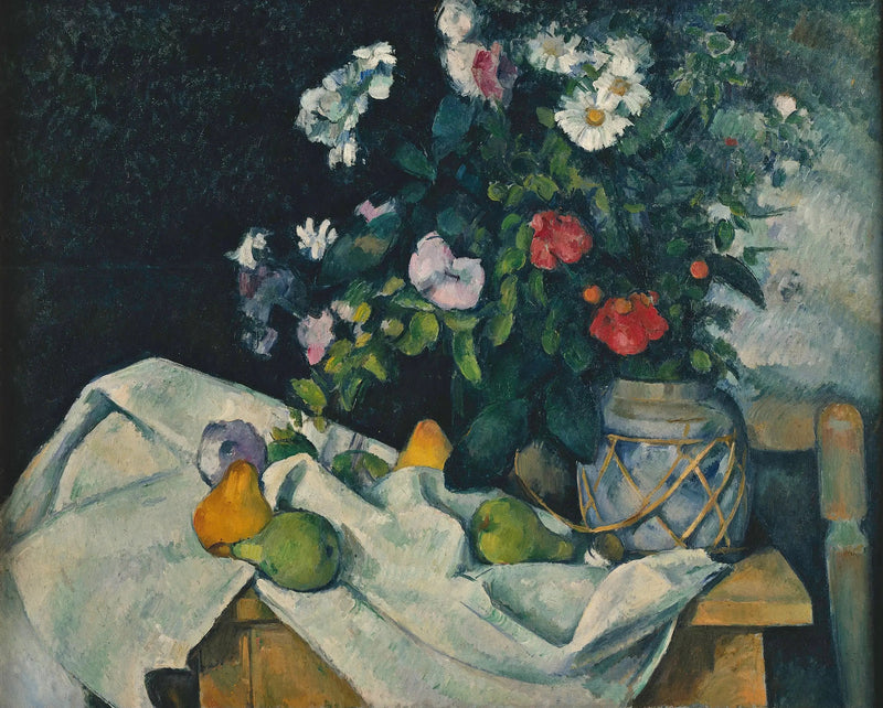 Flores en una jarra de jengibre y frutas - Paul Cézanne