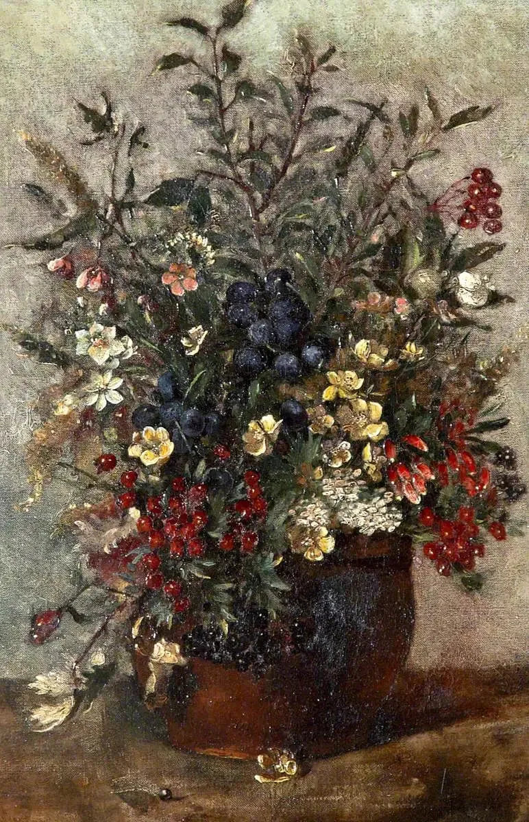 Flores de campo y bayas en una maceta marrón - John Constable