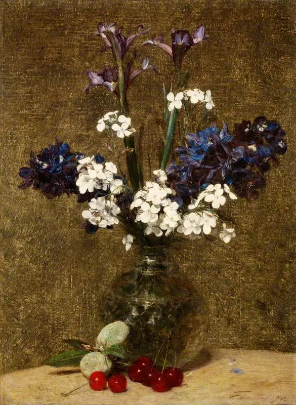 Flores: Iris y Jacintos, con cerezas y almendras sobre la mesa - Henri Fantin-Latour