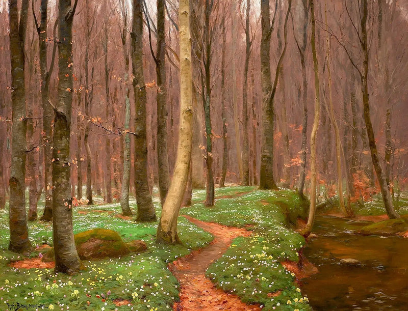 Bosque de hayas con anémonas en flor y un pequeño arroyo. - H. A. Brendekilde