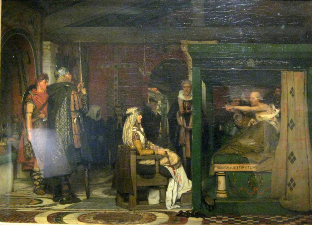 Frédégonde visitant Prétextat sur son lit de mort - Lawrence Alma-Tadema image 1 copie de tableau peinte à la main