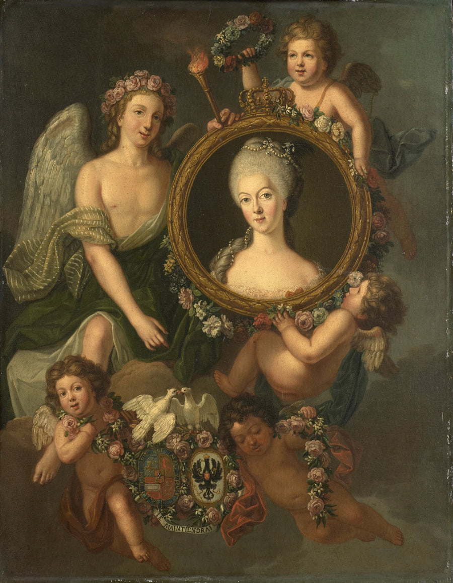 Frederika Sophia Wilhelmina (Wilhelmina ; 1751-1820), princesse de Prusse, dans un médaillon, accompagné d'allusions à son mariage à Berlin, le 4 octobre 1767, avec Guillaume V, prince d'Orange-Nassau - Friedrich Reclam