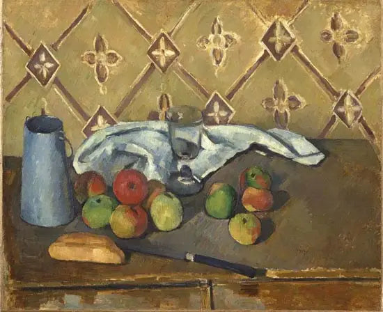 Frutas, servilleta y caja de leche - Paul Cézanne
