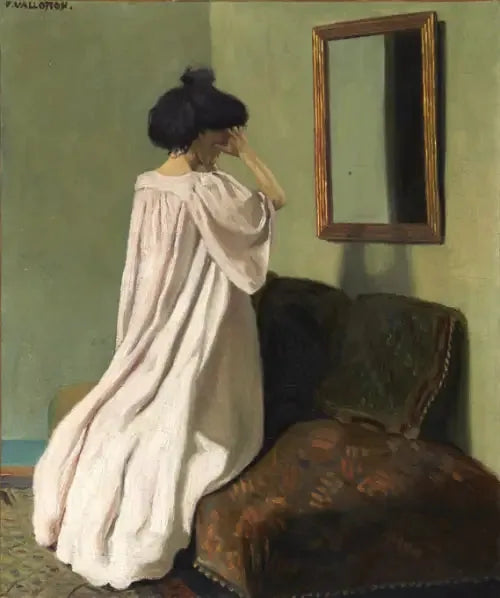 Gabrielle Vallotton arrodillada frente a un espejo en el diván del taller de la calle des Belles-Feuilles - Félix Vallotton