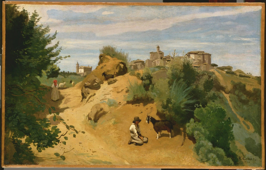 Genzano, pastor con vista a un pueblo - Jean-Baptiste Camille Corot