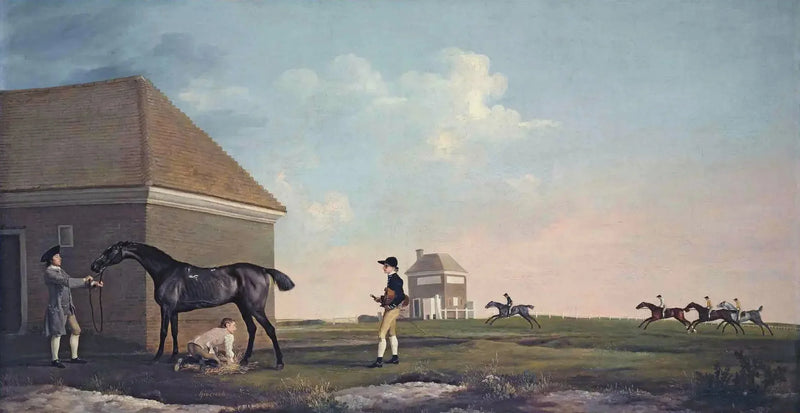 Gimcrack en Newmarket Heath, con un entrenador, un mozo de cuadra y un jockey - George Stubbs