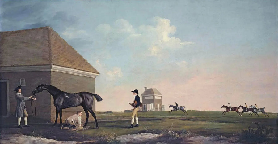 Gimcrack en Newmarket Heath, con un entrenador, un mozo de cuadra y un jockey - George Stubbs