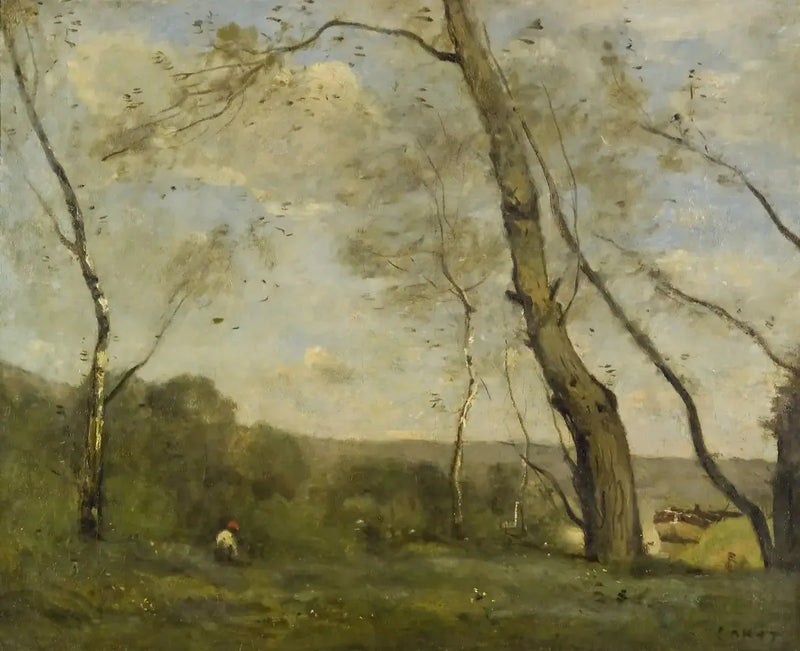 Grandes árboles dominantes en la orilla de un río - Jean-Baptiste Camille Corot