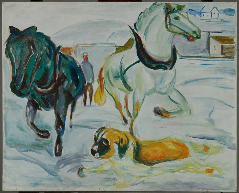 Grupo de caballos y San Bernardo en la nieve - Edvard Munch