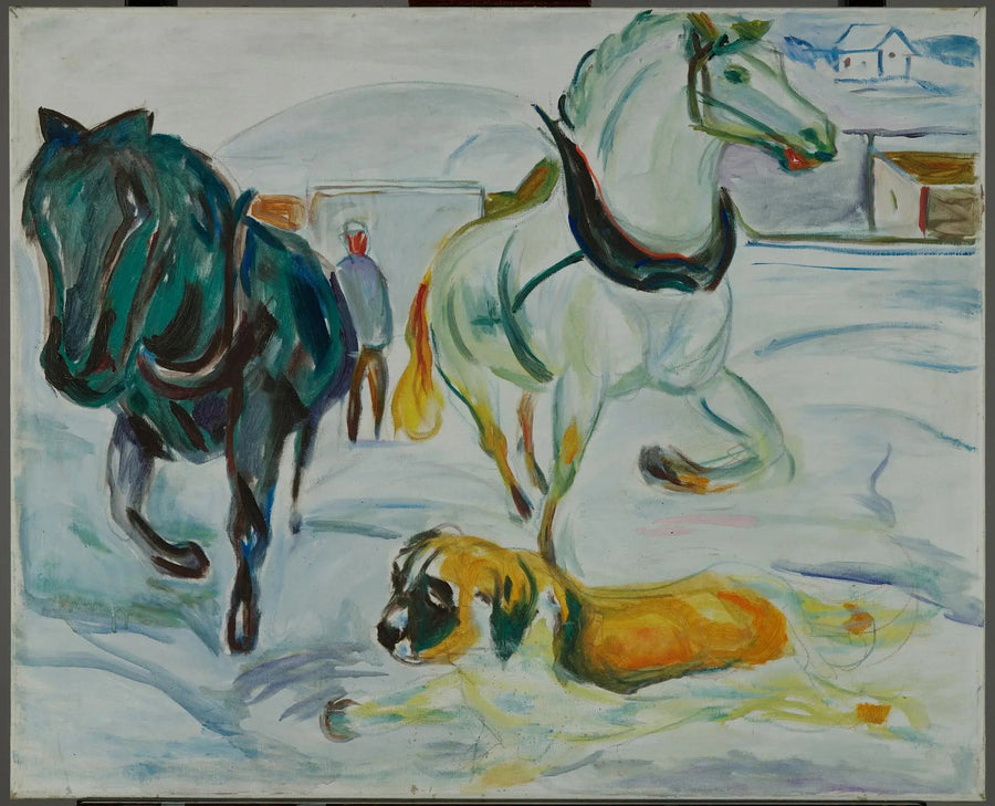 Grupo de caballos y San Bernardo en la nieve - Edvard Munch