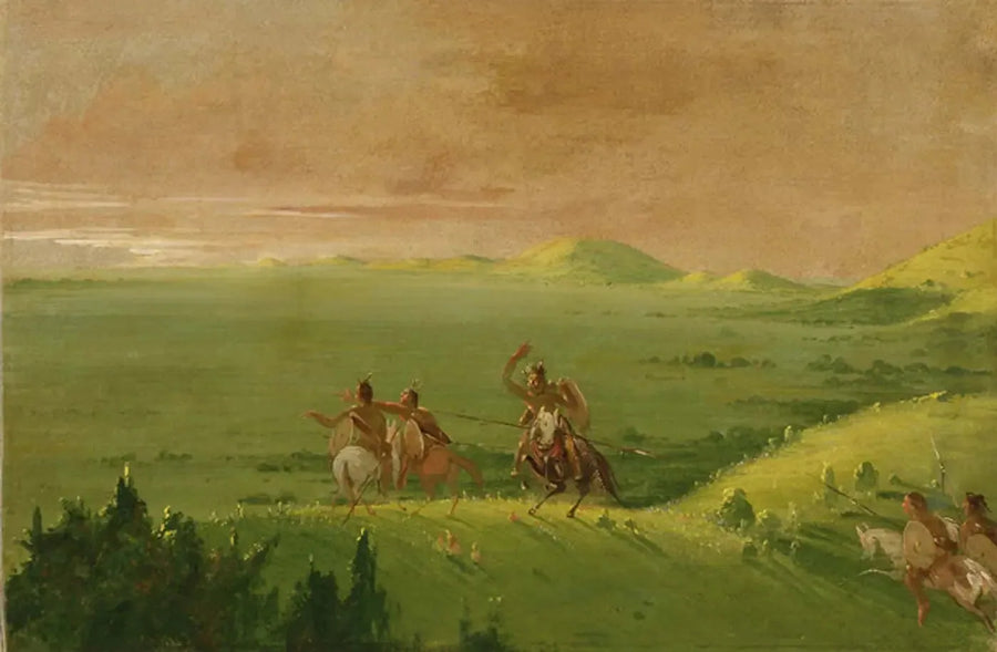 Grupo de guerra comanche, el jefe descubre al enemigo y exhorta a sus hombres al amanecer - George Catlin