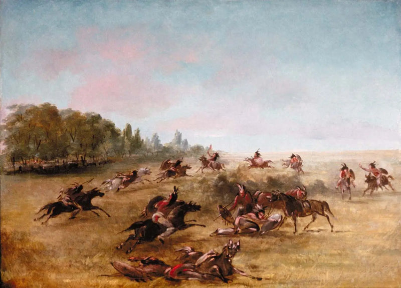 Grupo de guerra montado atravesando un matorral - George Catlin