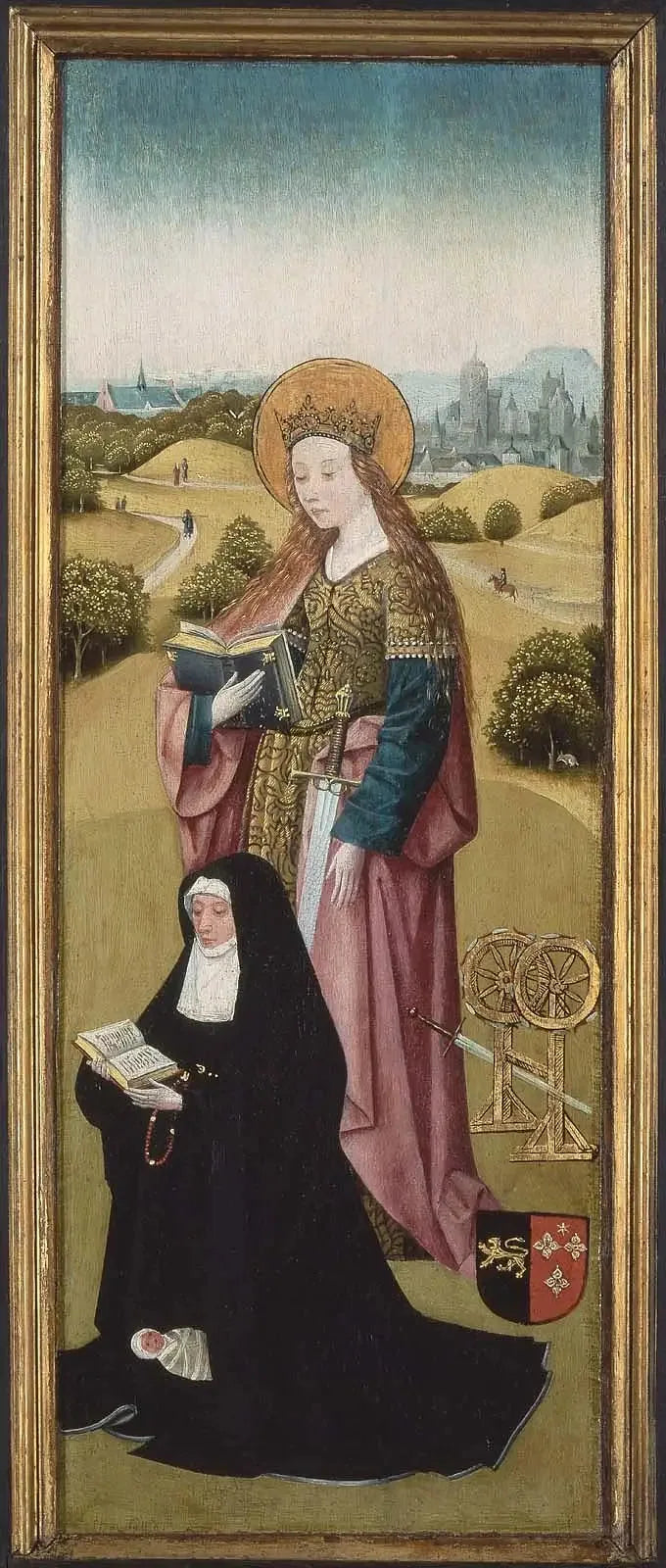 Heilwich van der Rullen y sus Hijas con Santa María Magdalena (cara exterior); Hendrixke van Langhel y su Niño muerto con Santa Catalina (cara interior) - Hieronymus Bosch