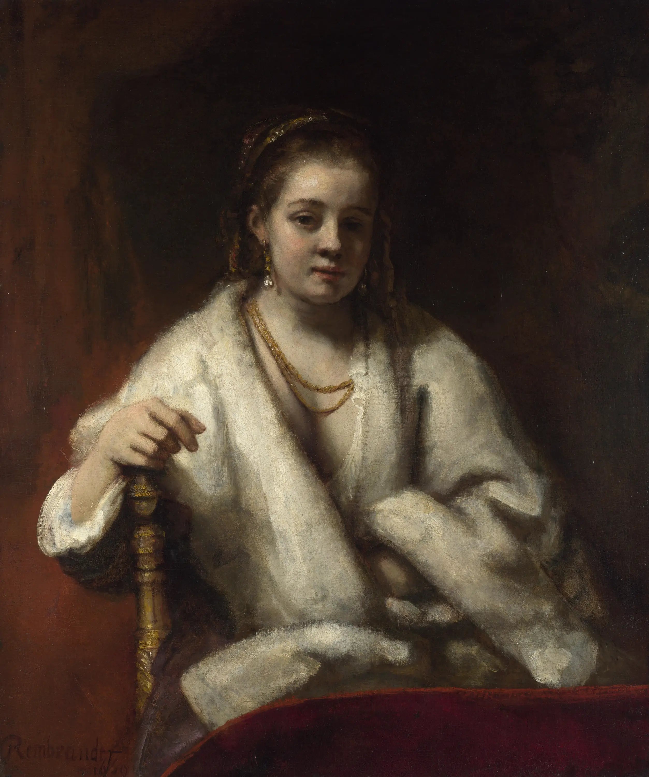 Hendrickje avec écharpe en fourrure - Rembrandt image 1 tableau peint à l’huile sur toile