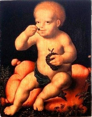 Het Christuskind, druiven etend - Joos van Cleve image 1 copie peinte à la main à l’huile