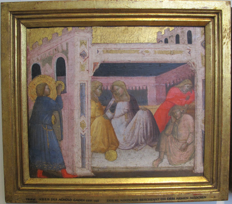 Historias de San Nicolás. San Nicolás ofrece regalos a tres chicas de la piscina. - Agnolo Gaddi