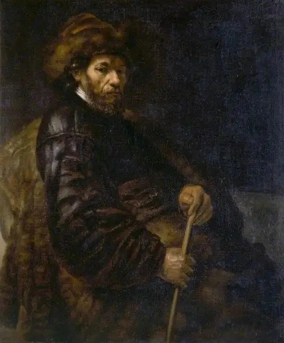 Un hombre sentado con un bastón - Rembrandt