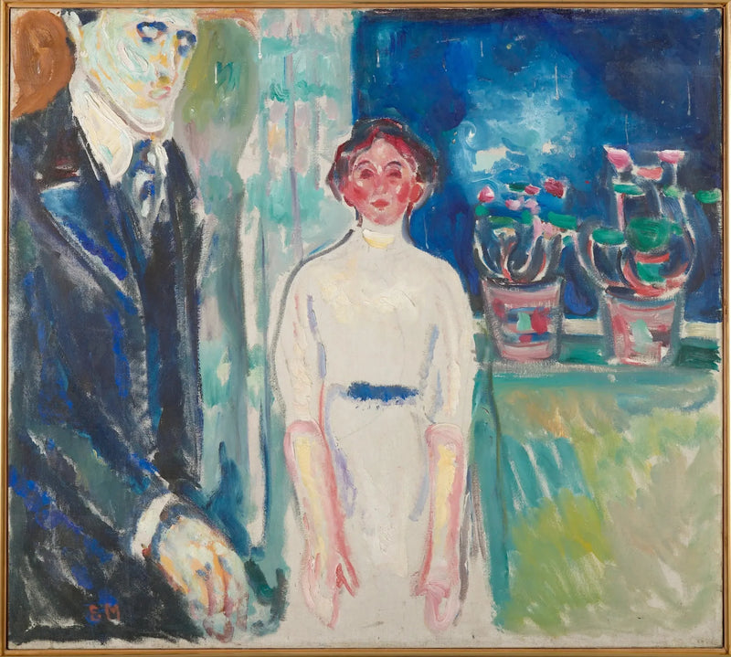 Hombre y Mujer cerca de la ventana con plantas en maceta - Edvard Munch
