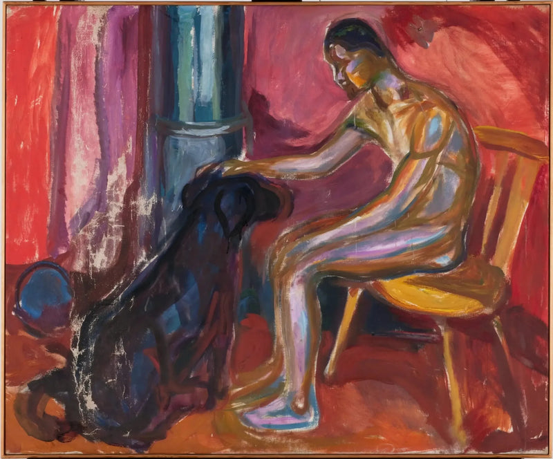 Hombre desnudo sentado con un perro - Edvard Munch
