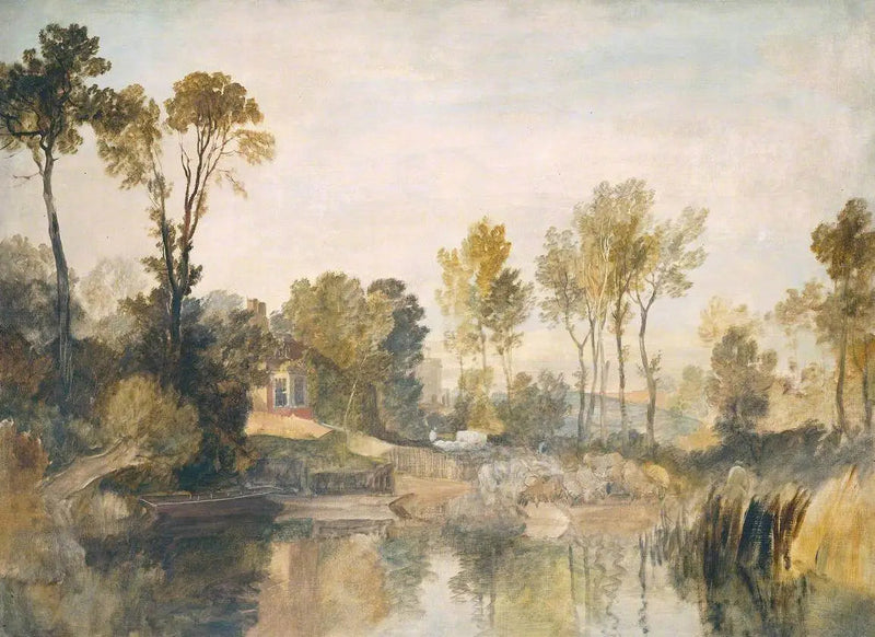 Casa junto al río, con árboles y ovejas - J. M. W. Turner