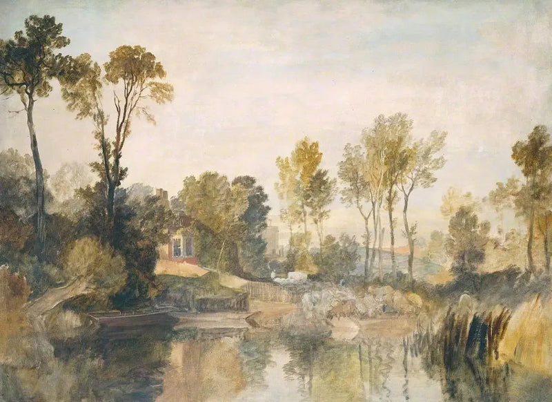 Casa junto al río, con árboles y ovejas - J. M. W. Turner