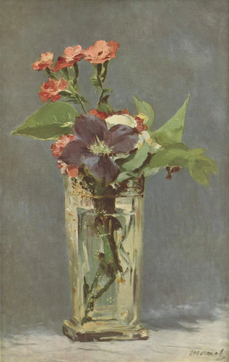 Claveles y clemátides en un jarrón de cristal - Édouard Manet