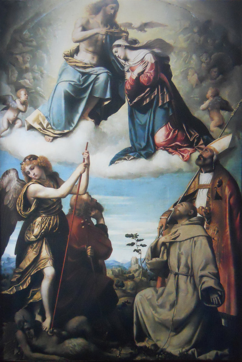 Coronación de la Virgen con los santos Miguel Arcángel, José, Francisco de Asís y Nicolás de Bari - Alessandro Bonvicino