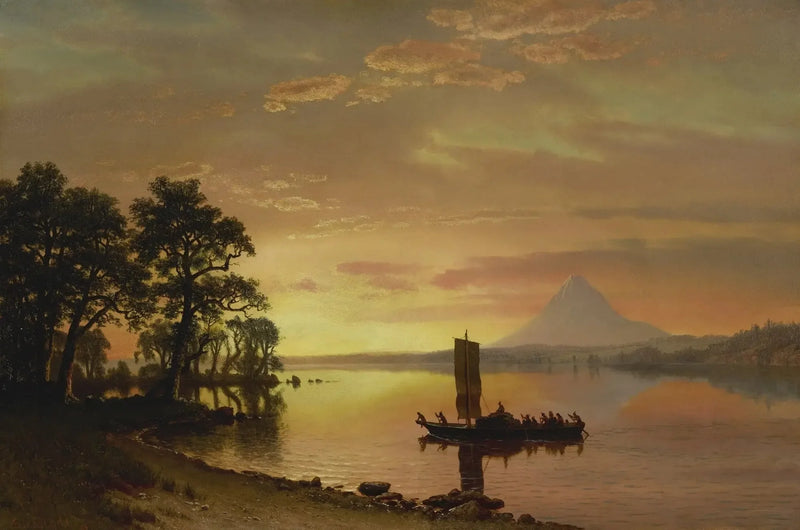 Indios cruzando el río Columbia [con la montaña Hood a lo lejos] - Albert Bierstadt