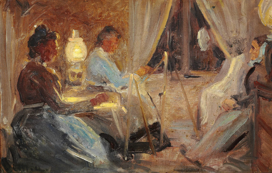 Interior con dos mujeres pintando un retrato de la señora Ane Bründum. - Michael Peter Ancher