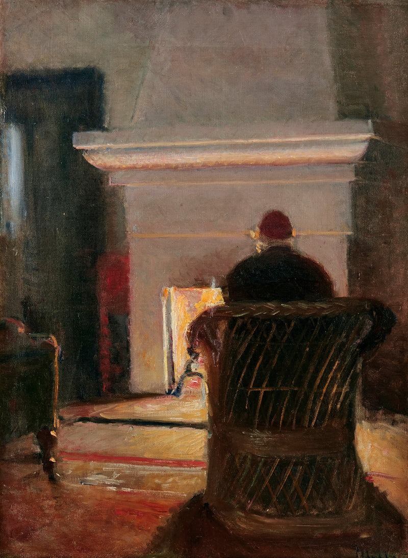 Interior con Holger Drachmann junto a la chimenea de Villa Pax, Skagen. -Michael Peter Ancher