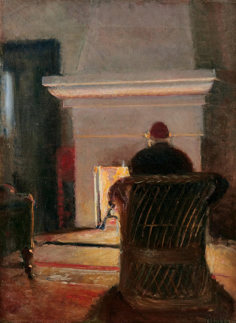 Interior con Holger Drachmann junto a la chimenea de Villa Pax, Skagen. -Michael Peter Ancher