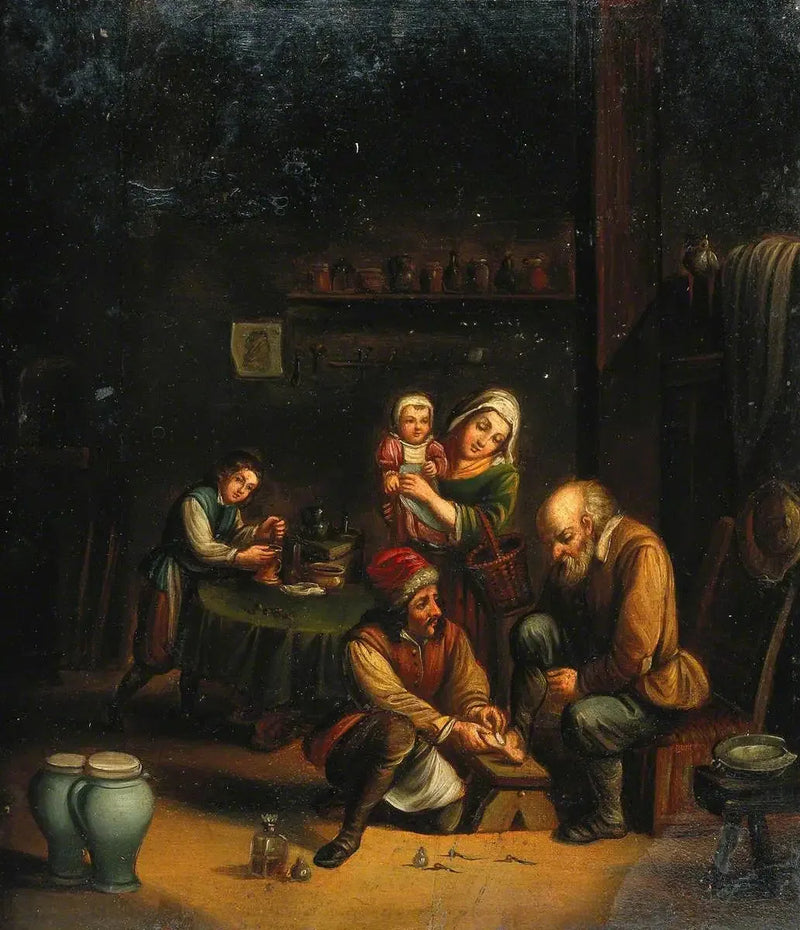 Interior con un cirujano atendiendo el pie de un hombre y otros tres personajes - David Teniers el Joven