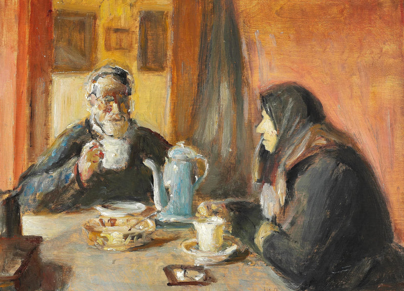 Interior con una pareja de ancianos tomando café. - Michael Peter Ancher