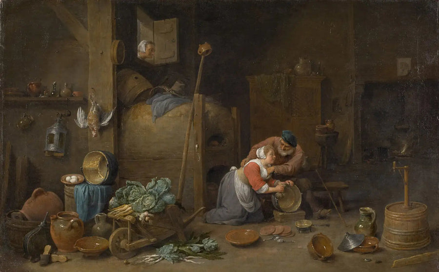Interior con un anciano acariciando a una empleada doméstica - David Teniers el Joven