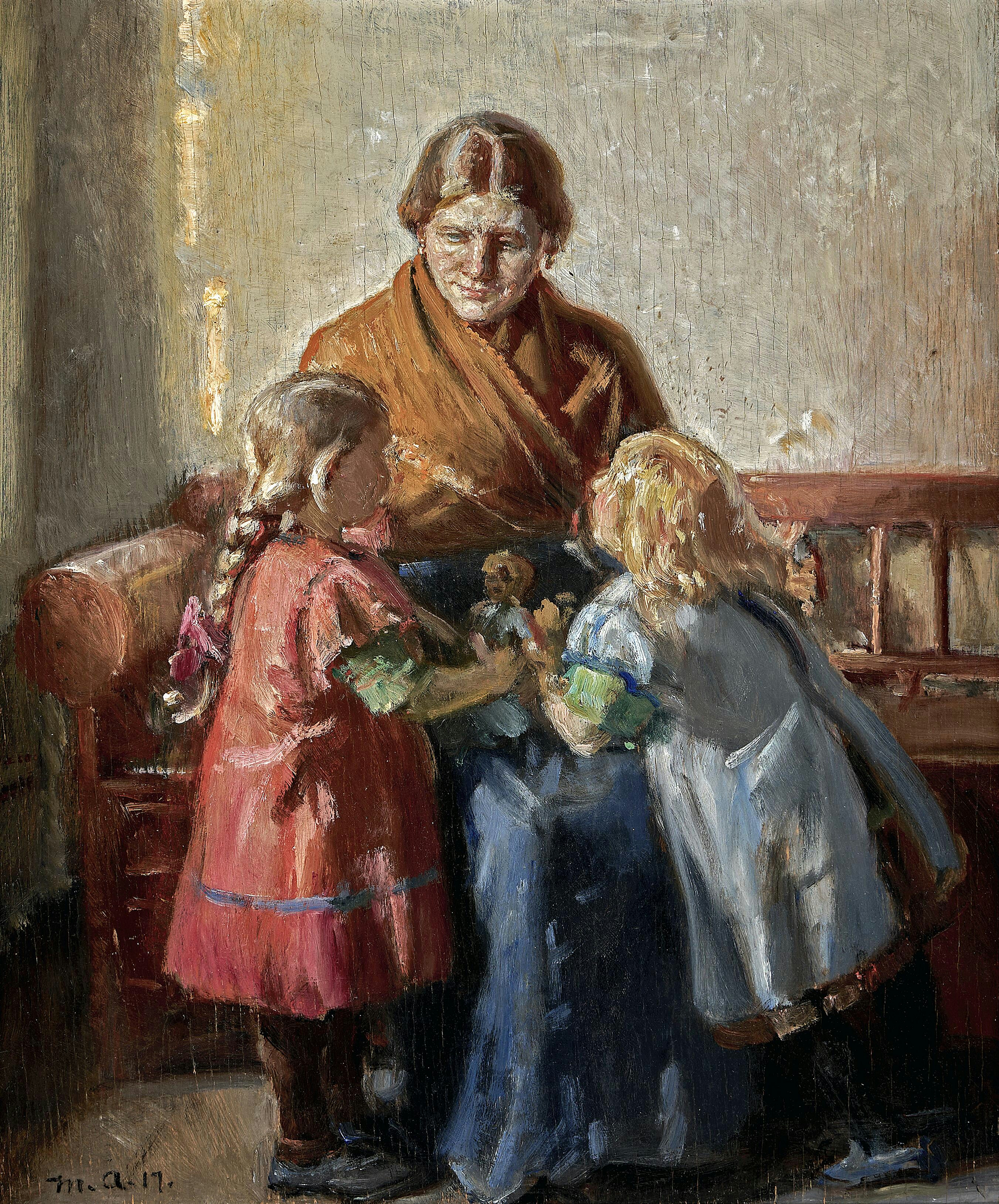 Intérieur avec une femme et deux enfants. - Michael Peter Ancher image 1 reproduction réalisée par Alpha Reproduction