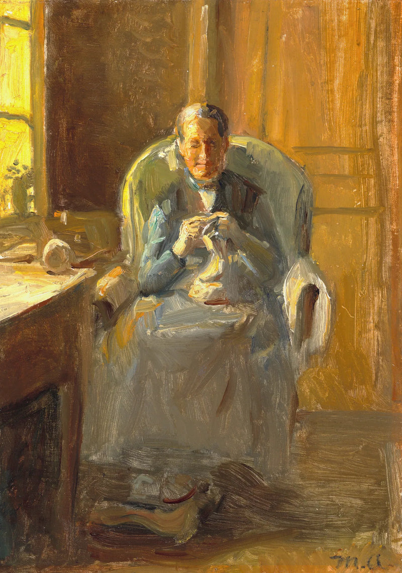Interior con una mujer tejiendo al sol junto a la ventana. - Michael Peter Ancher