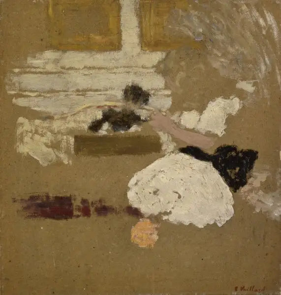 Interior con una niña leyendo y una mujer vestida de negro escribiendo - Édouard Vuillard