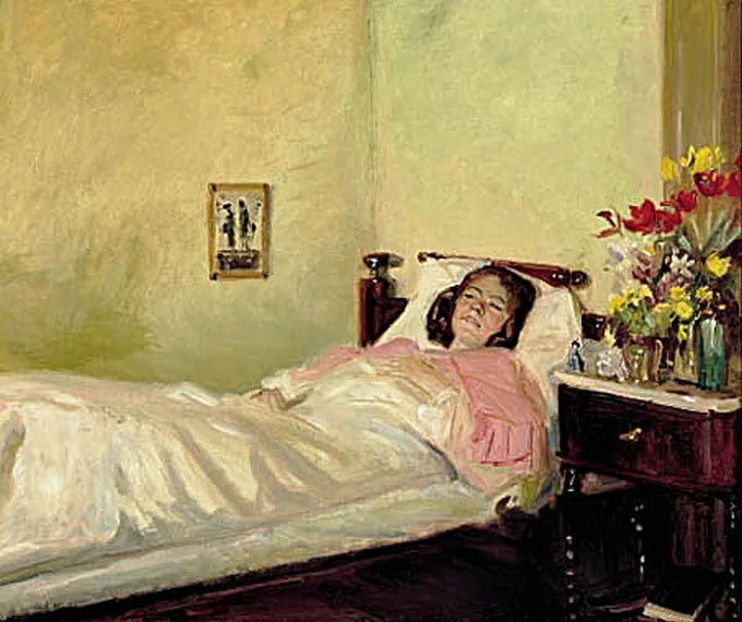 Interior con una mujer joven acostada en la cama. - Michael Peter Ancher