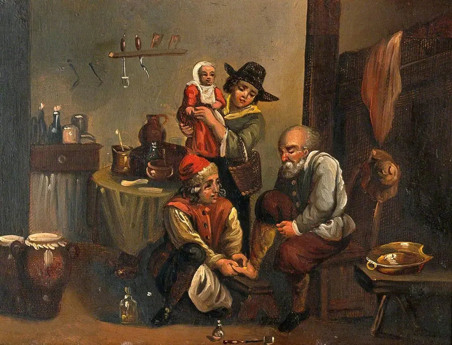 Interior de una consulta médica con un cirujano atendiendo el pie de un hombre, y una mujer y un niño mirando - David Teniers el Joven