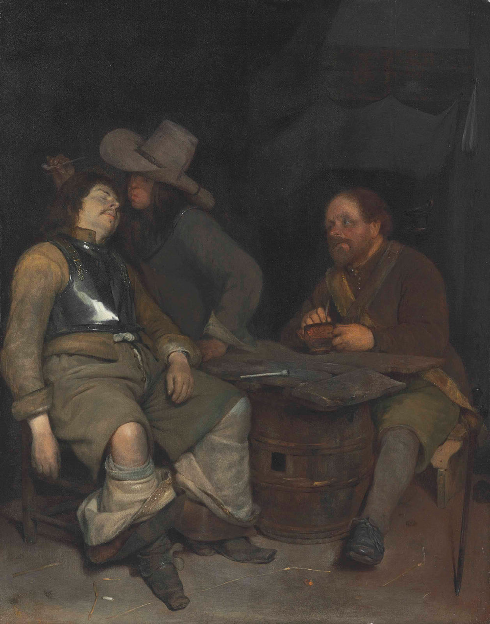 Intérieur d'un poste de garde avec un soldat soufflant de la fumée - Gerard ter Borch image 1 tableau peint à l’huile sur toile