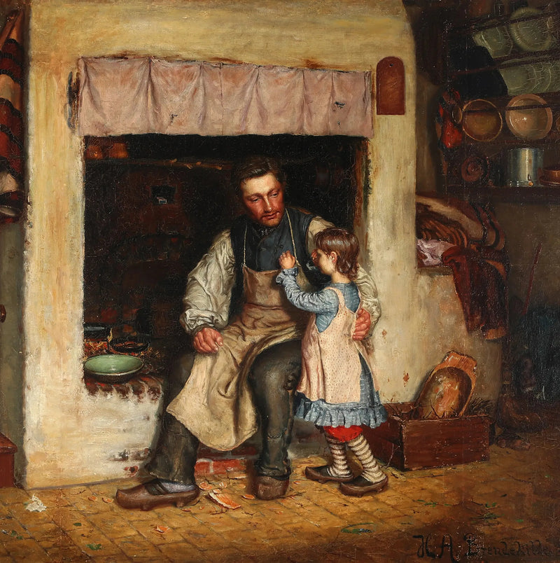 Interior de una cocina con una niña pequeña y un hombre. - H. A. Brendekilde