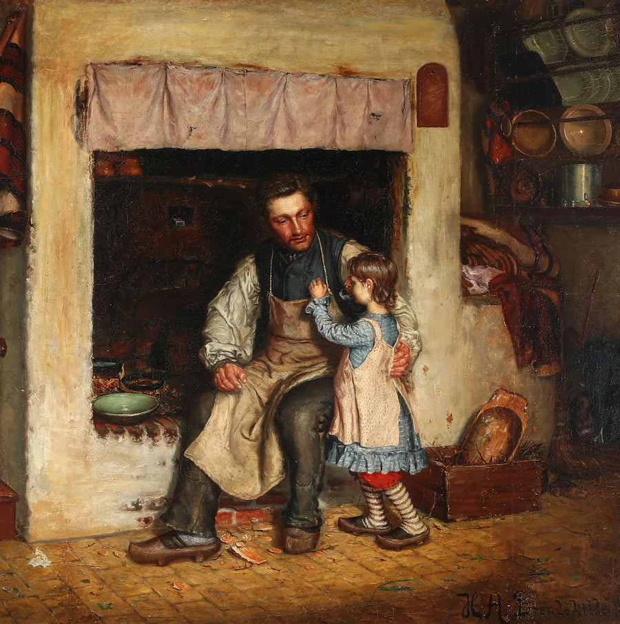Interior de una cocina con una niña pequeña y un hombre. - H. A. Brendekilde