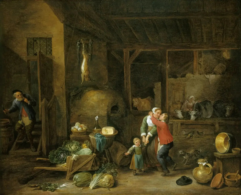 Interior de una casa familiar con personajes (« El beso robado ») - David Teniers el Joven