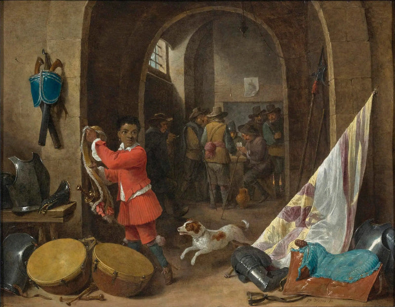 Interior de una sala de guardia con un sirviente negro junto a una naturaleza muerta de una silla, una bandera, tambores y armaduras; soldados jugando a las cartas en el fondo - David Teniers el Joven